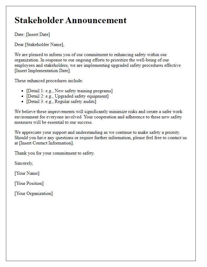 Letter template of stakeholder announcement for upgraded safety procedures