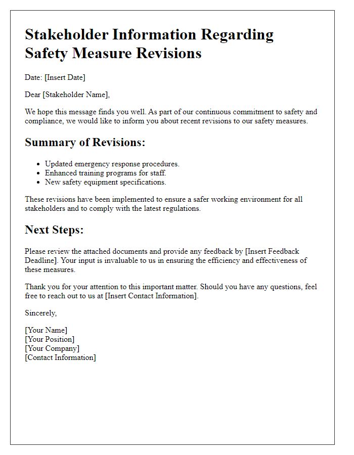 Letter template of stakeholder information regarding safety measure revisions