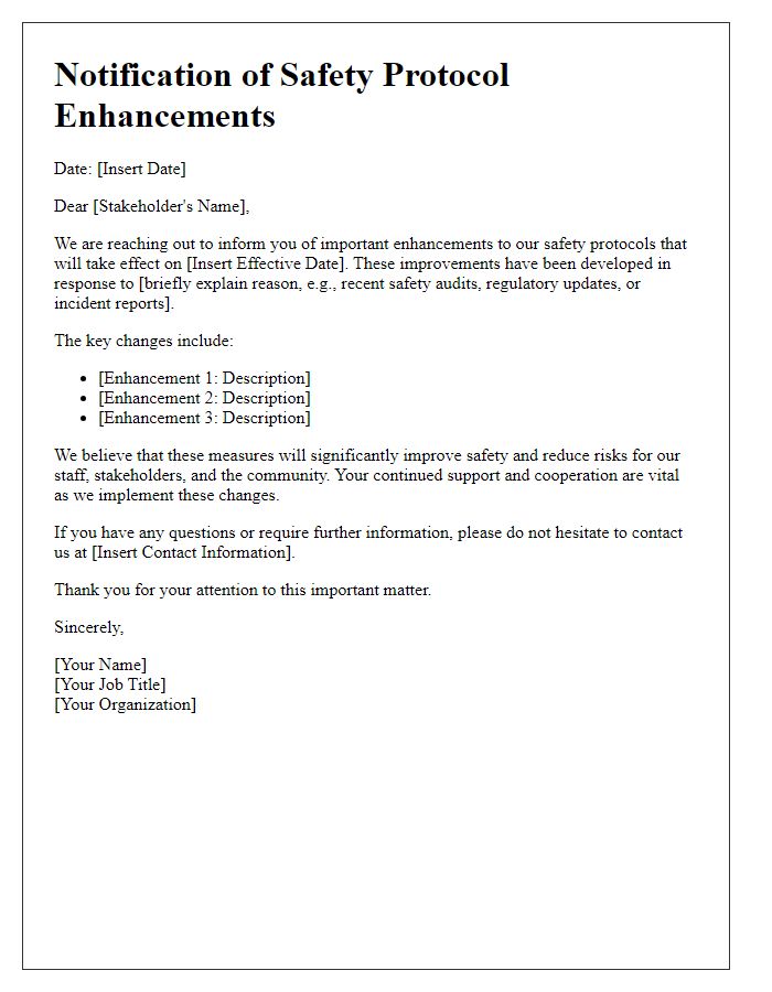 Letter template of stakeholder notification on safety protocol enhancements