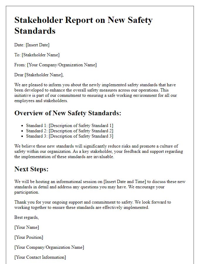 Letter template of stakeholder report on new safety standards