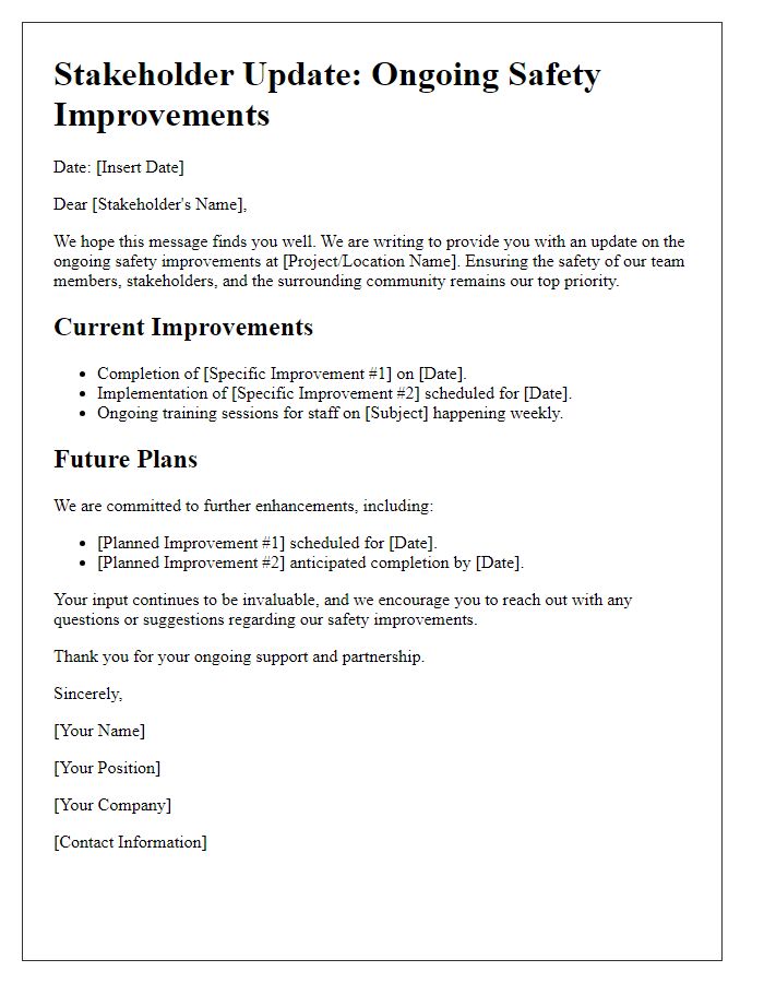 Letter template of stakeholder update on ongoing safety improvements