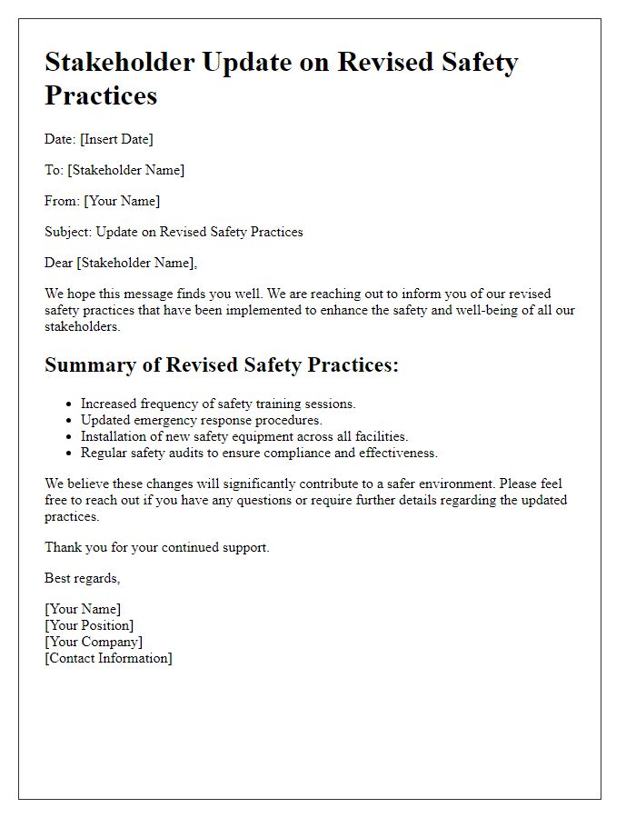 Letter template of stakeholder update on revised safety practices