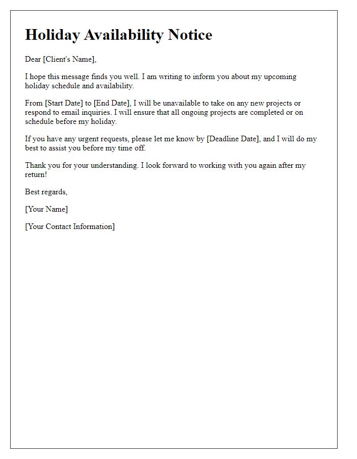 Letter template of freelance holiday availability notice