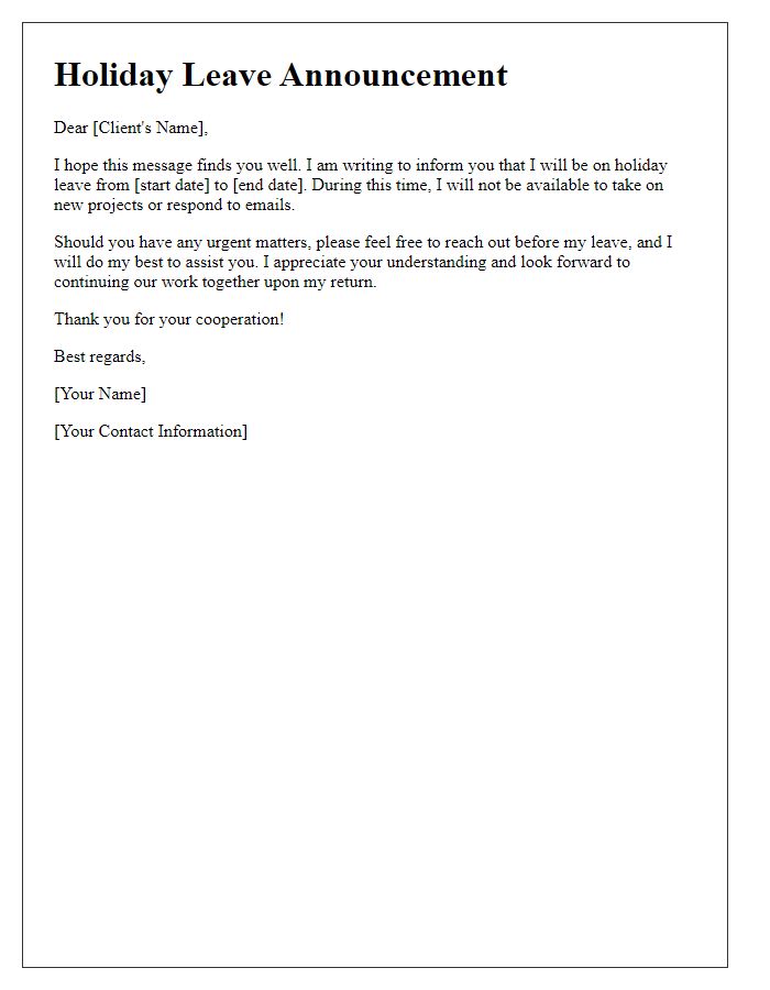 Letter template of freelance holiday leave announcement