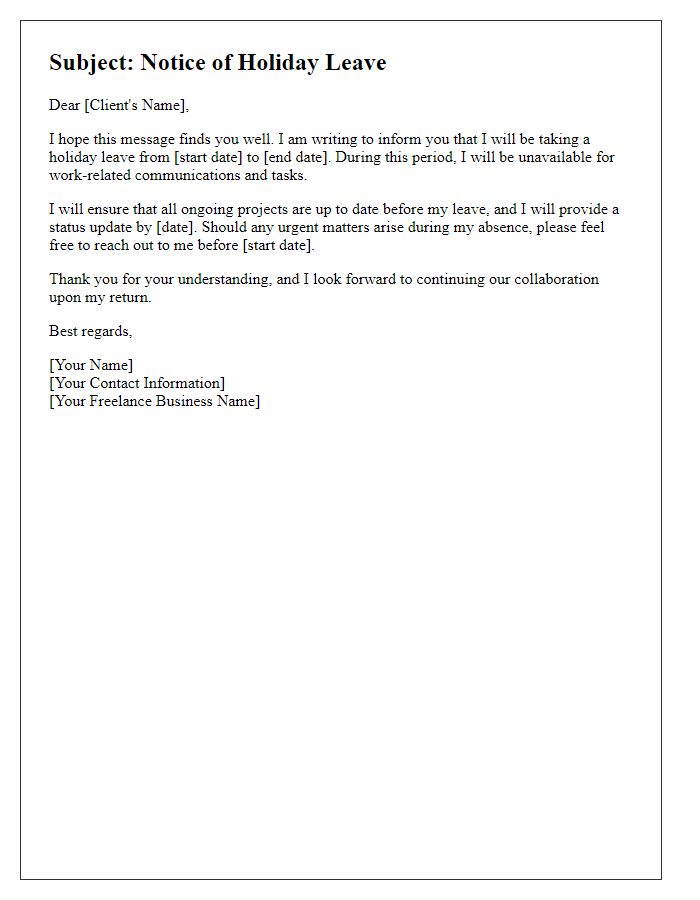 Letter template of freelance holiday leave communication