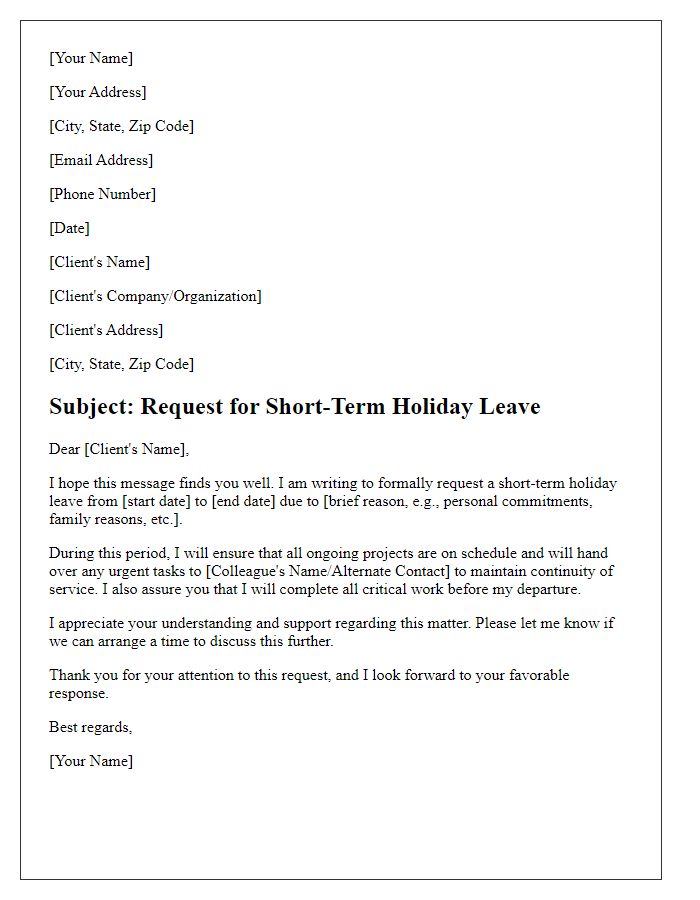 Letter template of freelance short-term holiday leave