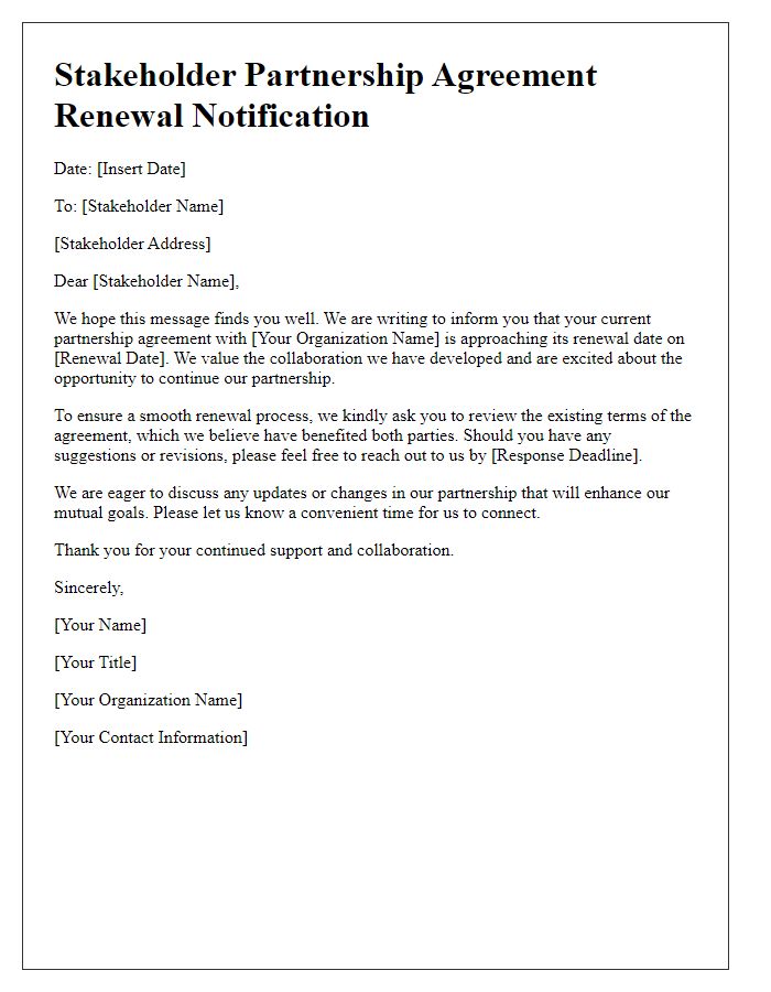 Letter template of stakeholder partnership agreement renewal notification