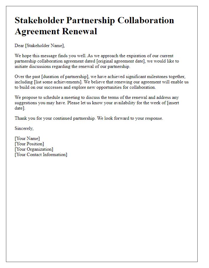 Letter template of stakeholder partnership collaboration agreement renewal