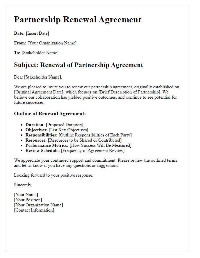 Letter template of stakeholder partnership renewal agreement outline