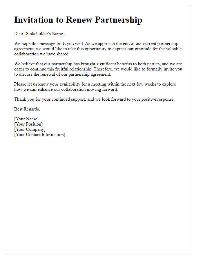 Letter template of stakeholder partnership renewal invitation