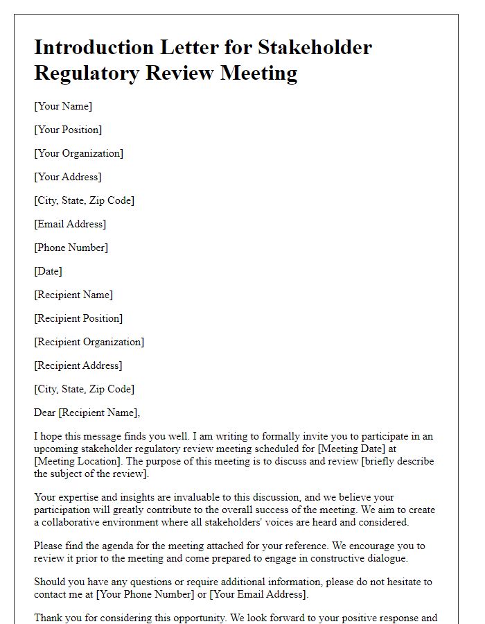 Letter template of introduction for stakeholder regulatory review meeting