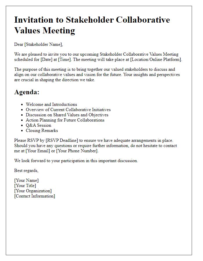 Letter template of stakeholder collaborative values meeting