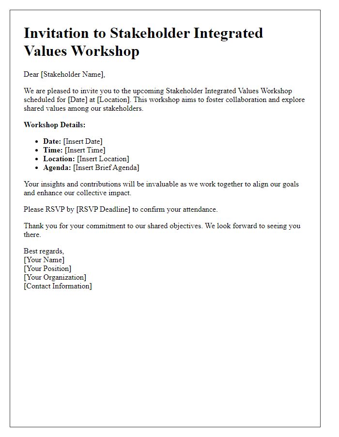 Letter template of stakeholder integrated values workshop