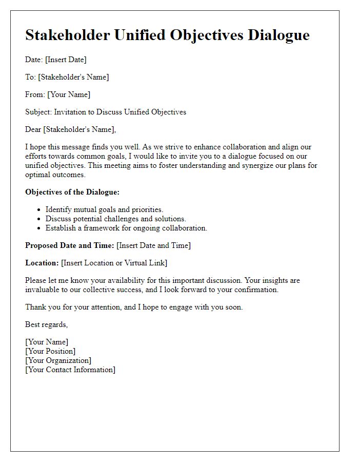 Letter template of stakeholder unified objectives dialogue