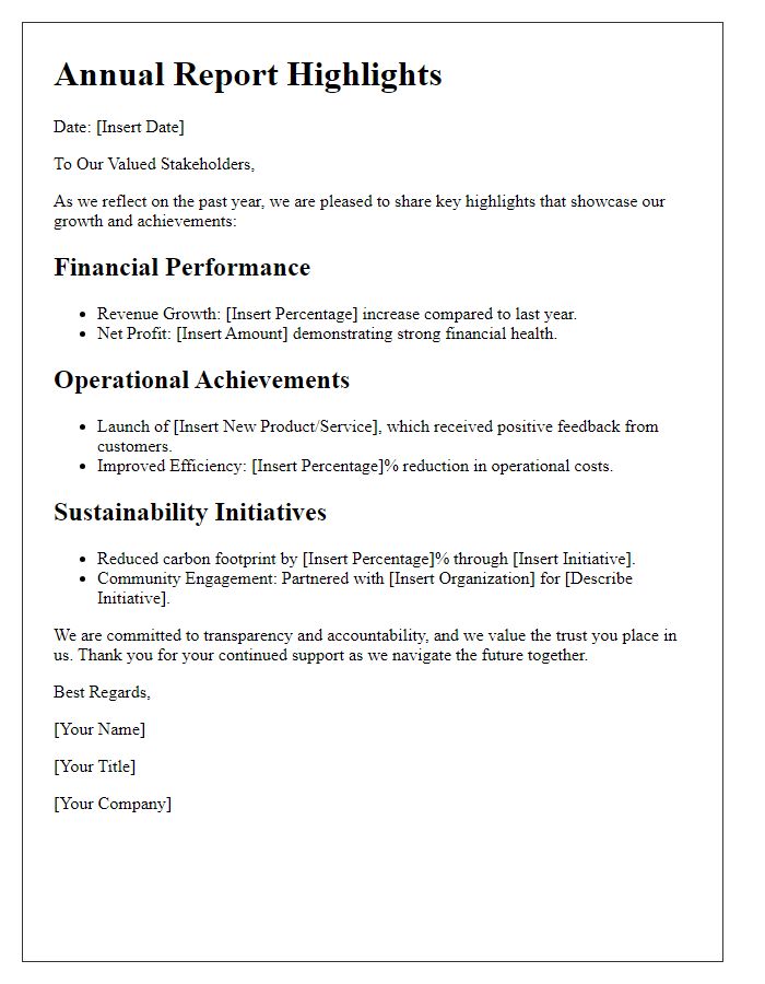 Letter template of stakeholder annual report highlights.