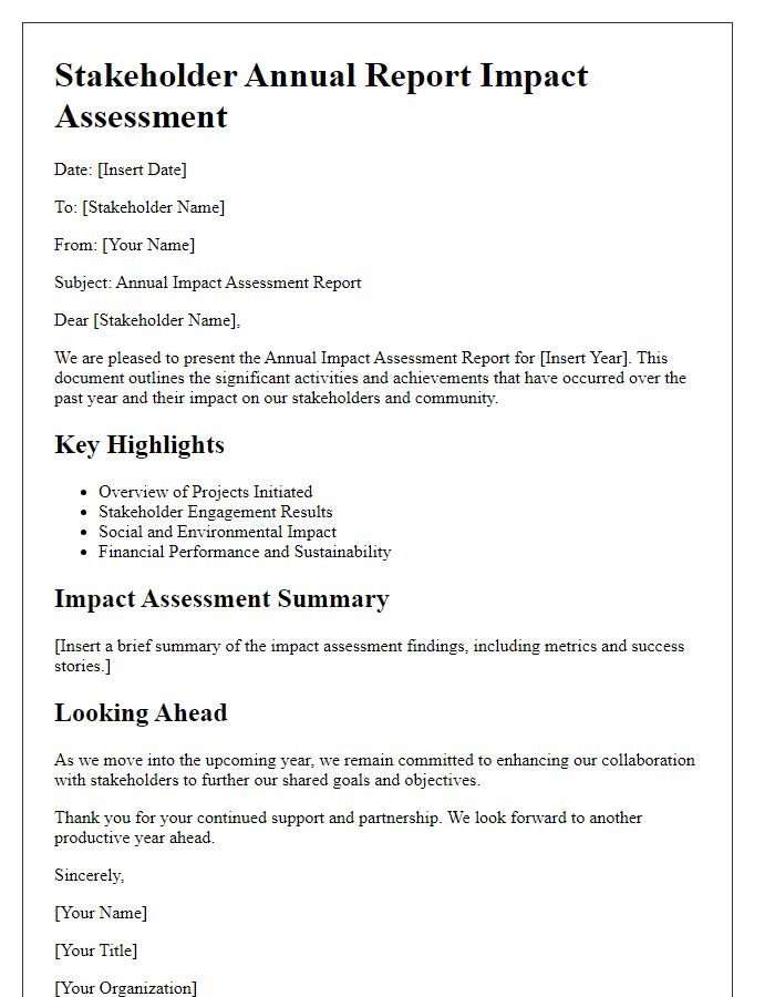 Letter template of stakeholder annual report impact assessment.