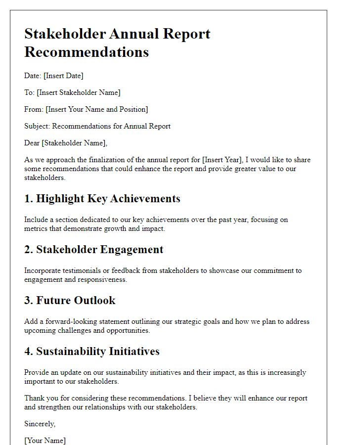 Letter template of stakeholder annual report recommendations.