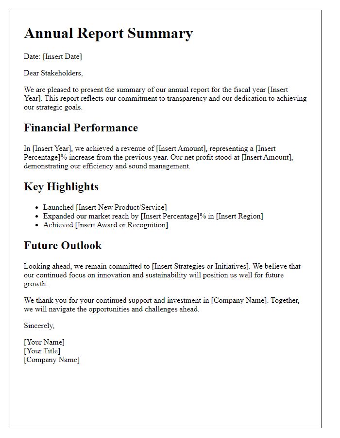 Letter template of stakeholder annual report summary.