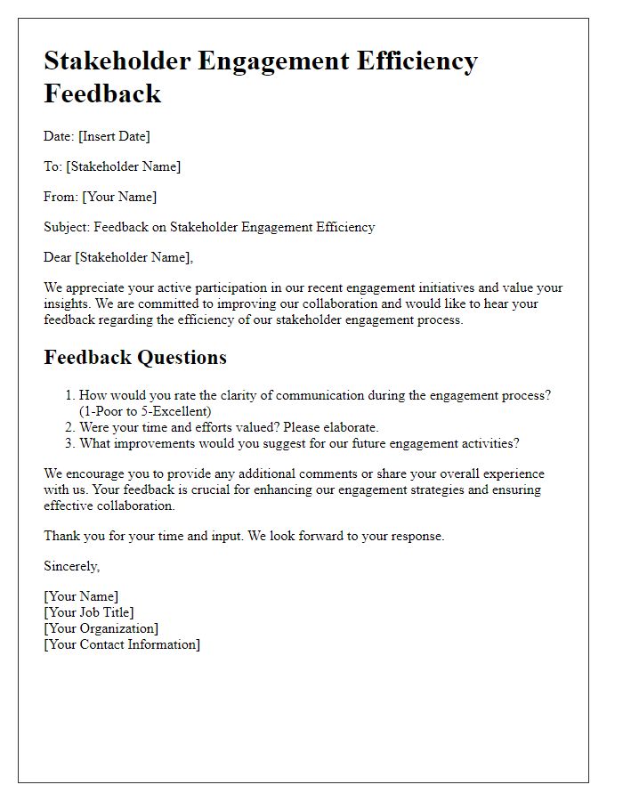 Letter template of stakeholder engagement efficiency feedback.