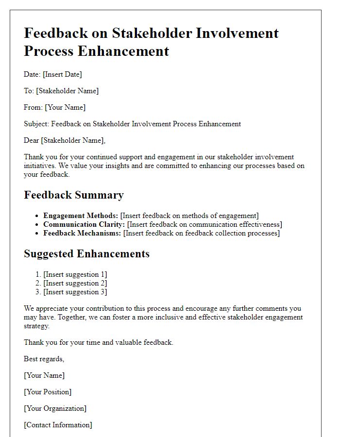 Letter template of stakeholder involvement process enhancement feedback.