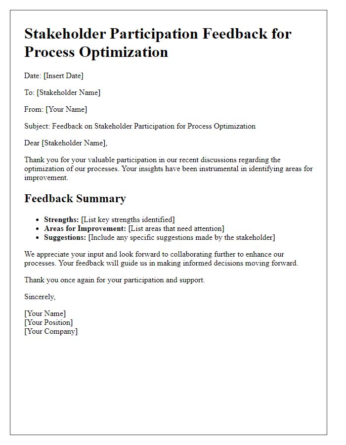 Letter template of stakeholder participation feedback for process optimization.