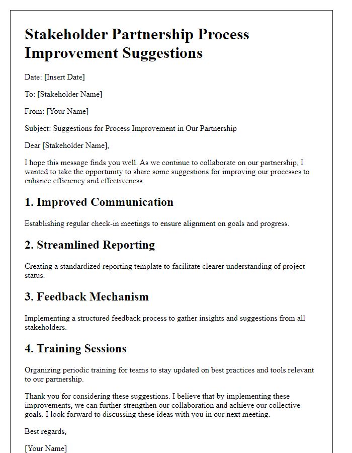 Letter template of stakeholder partnership process improvement suggestions.