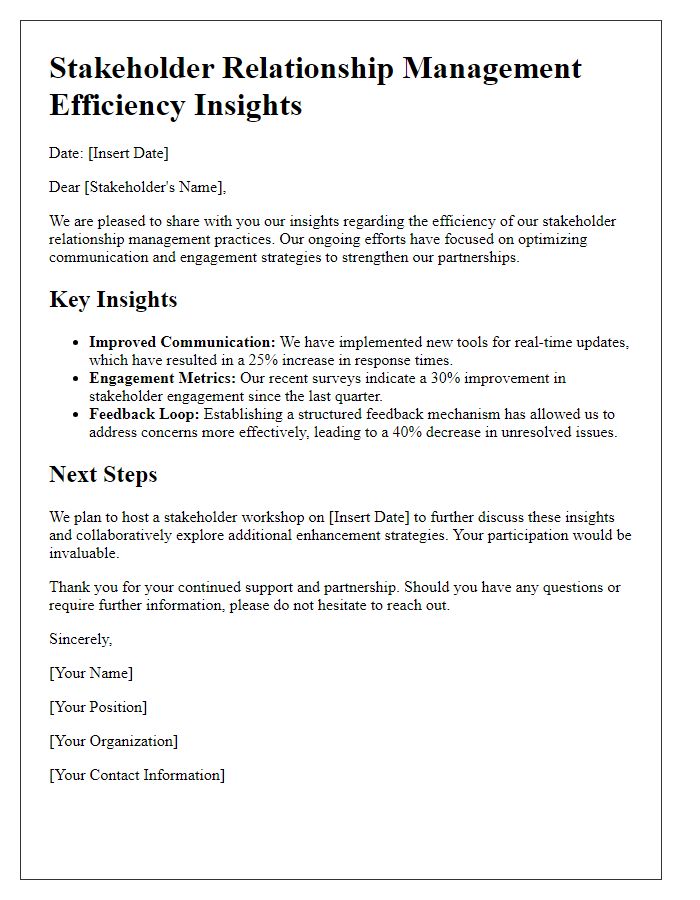 Letter template of stakeholder relationship management efficiency insights.