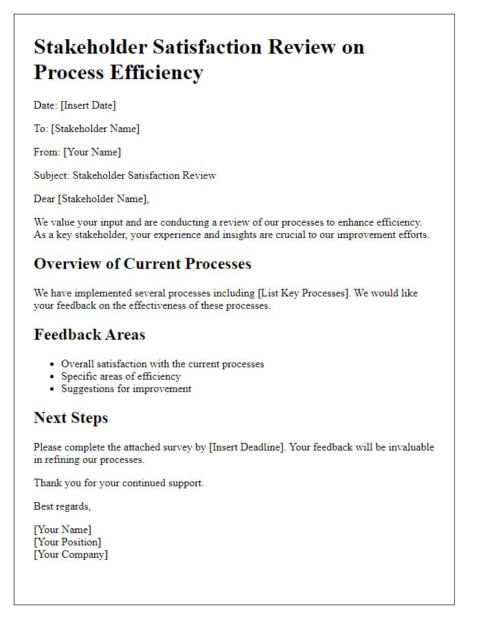 Letter template of stakeholder satisfaction review on process efficiency.