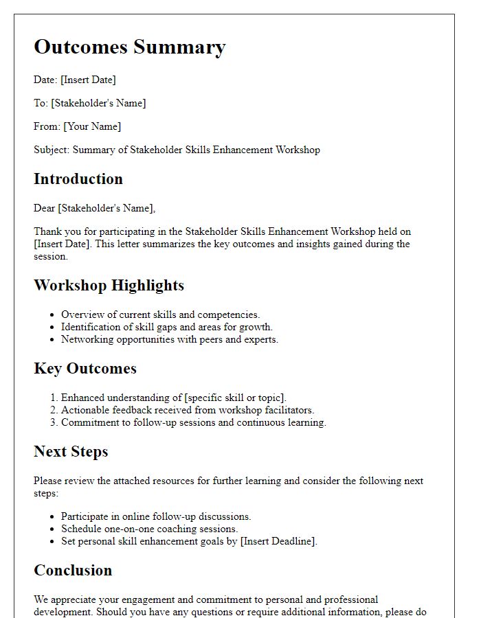 Letter template of outcomes summary from stakeholder skills enhancement workshop