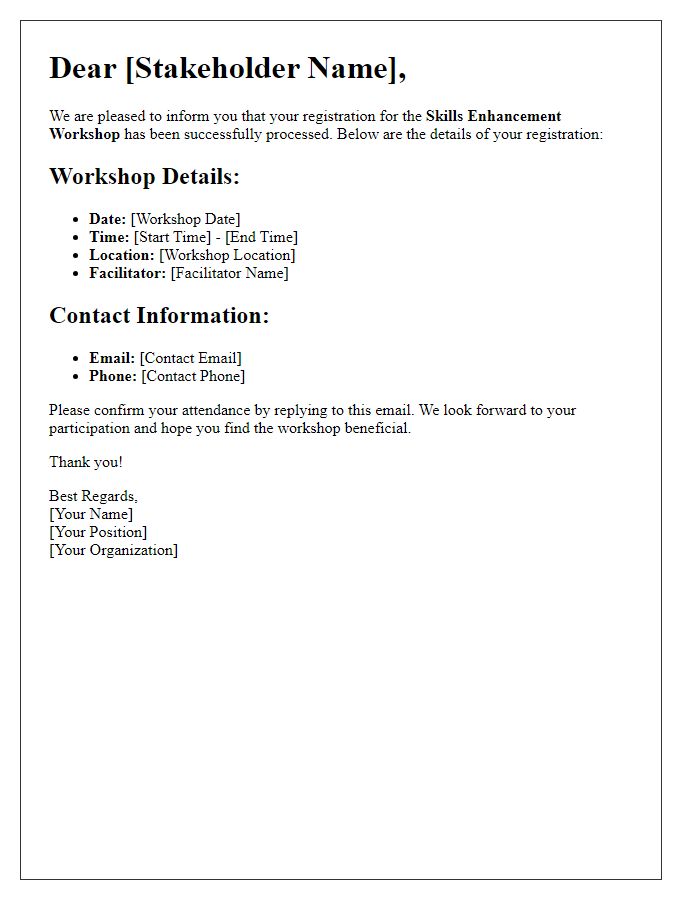 Letter template of registration details for stakeholder skills enhancement workshop