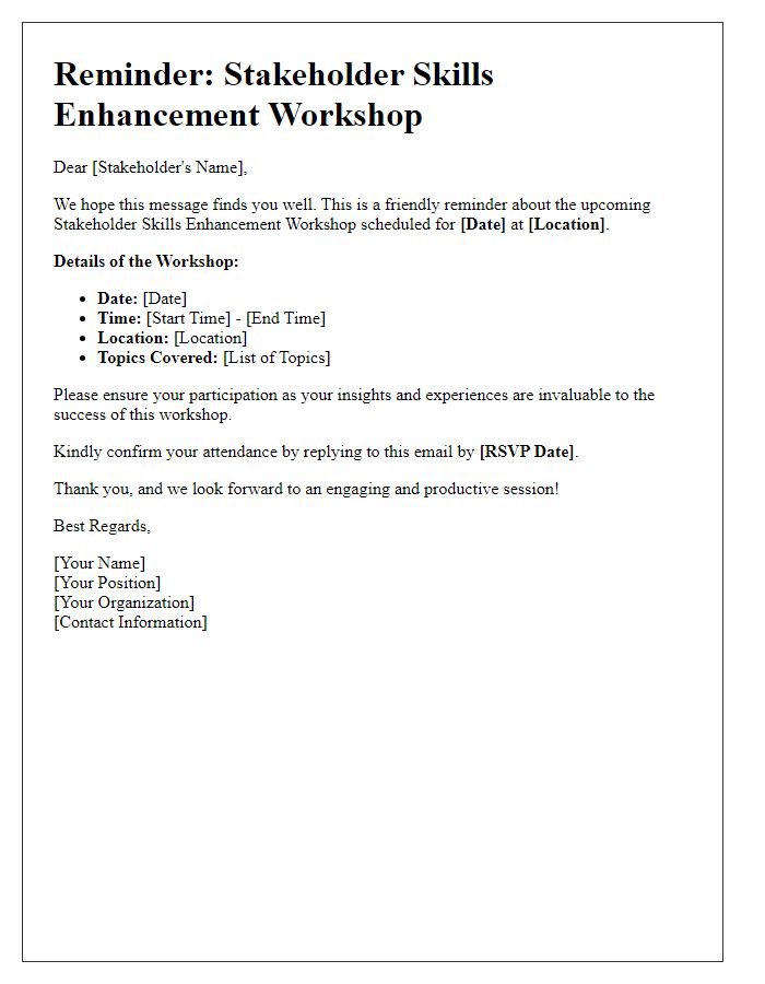 Letter template of reminders for upcoming stakeholder skills enhancement workshop