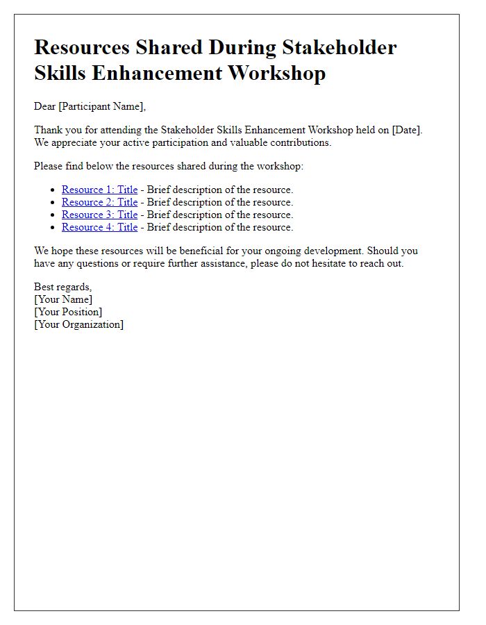 Letter template of resources shared during stakeholder skills enhancement workshop