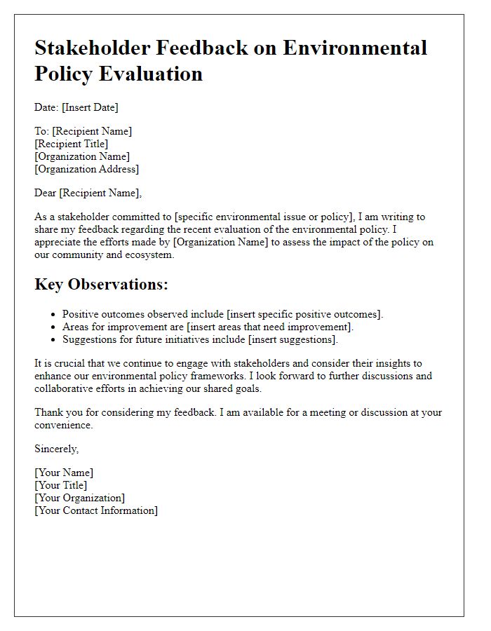 Letter template of stakeholder feedback on environmental policy evaluation