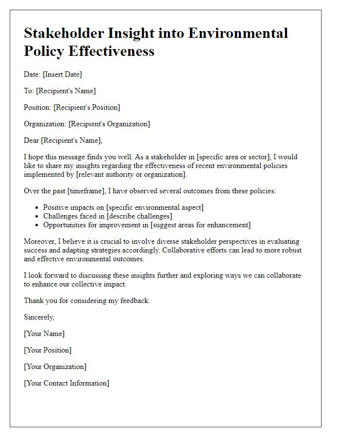 Letter template of stakeholder insight into environmental policy effectiveness