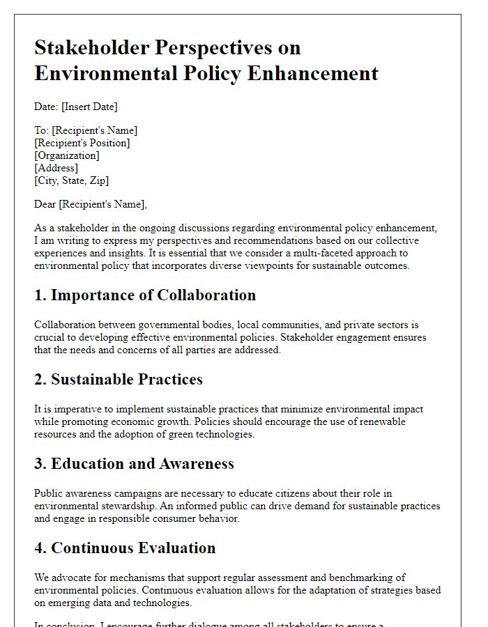 Letter template of stakeholder perspectives in environmental policy enhancement