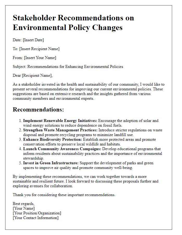 Letter template of stakeholder recommendations on environmental policy changes