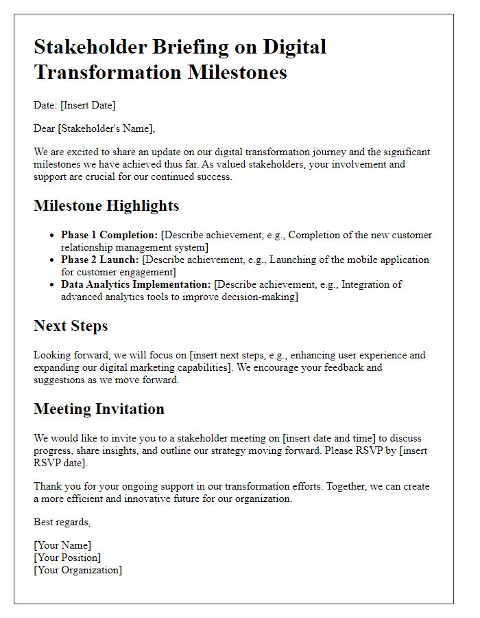 Letter template of stakeholder briefing for digital transformation milestones