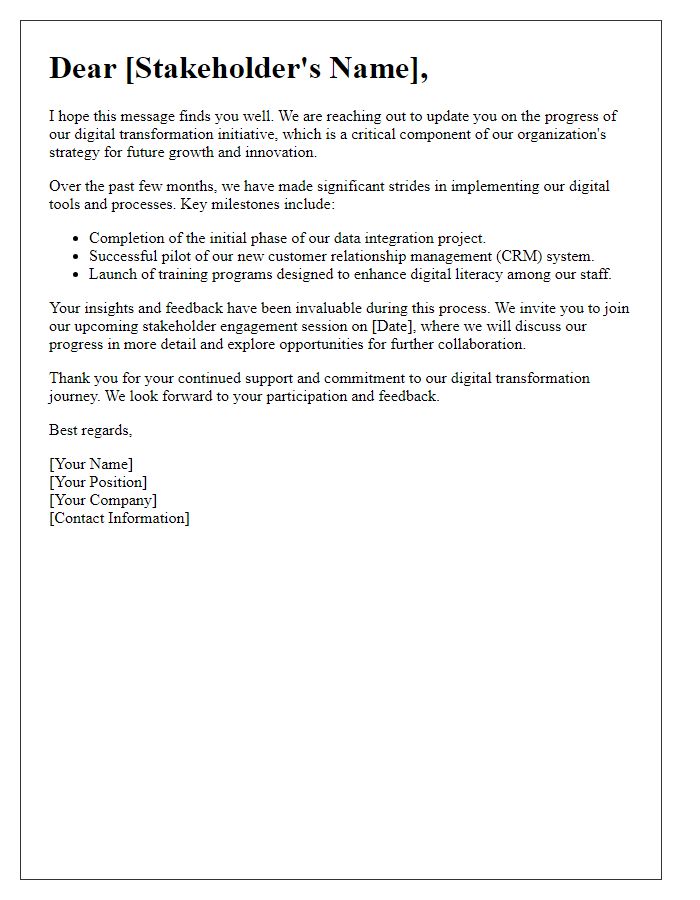 Letter template of stakeholder engagement on digital transformation progress