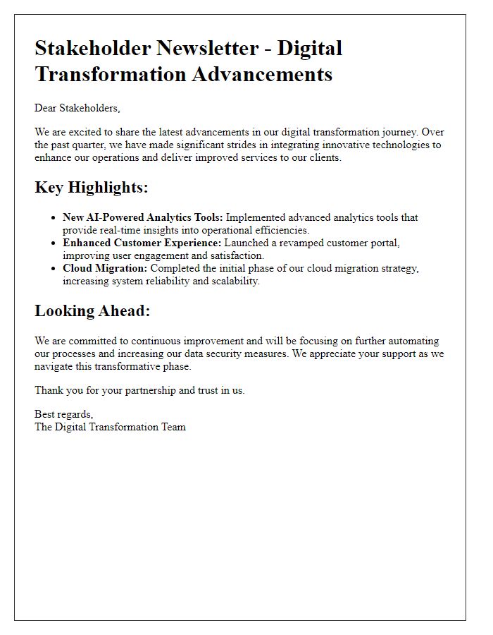 Letter template of stakeholder newsletter focused on digital transformation advancements