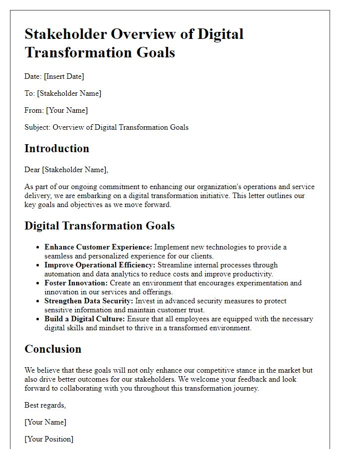 Letter template of stakeholder overview of digital transformation goals