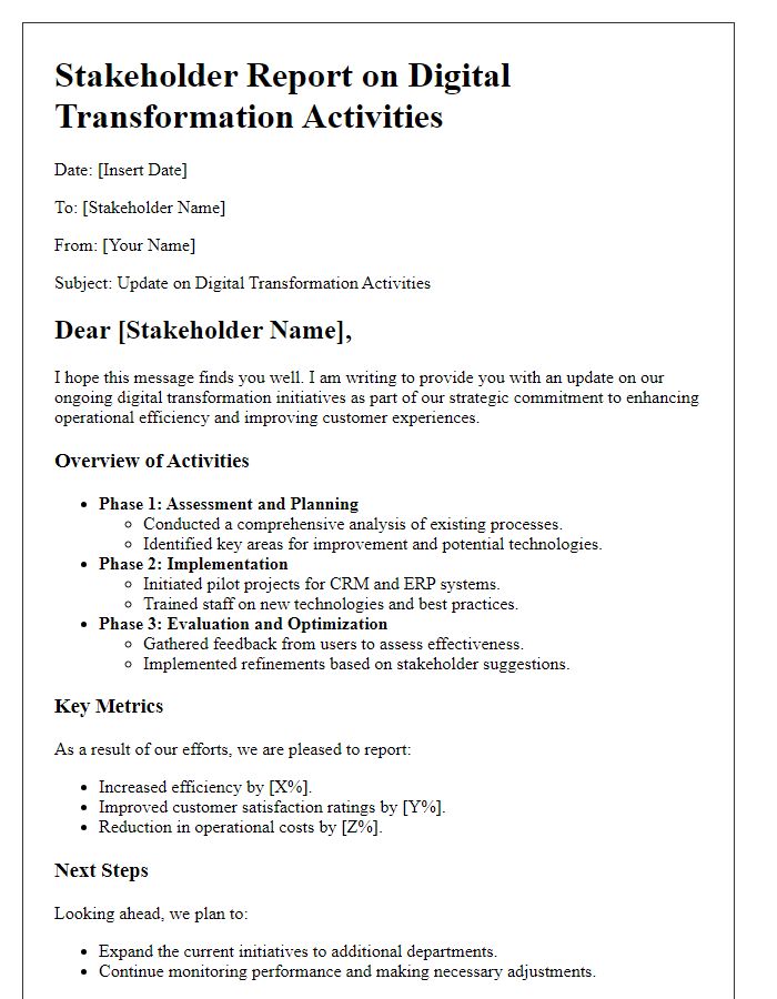 Letter template of stakeholder report on digital transformation activities