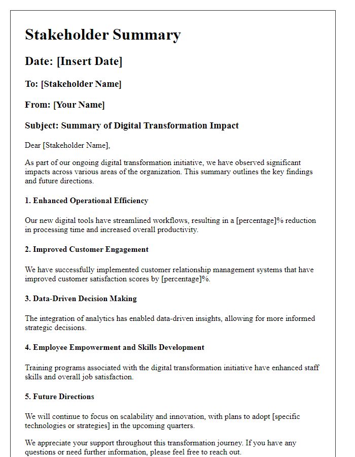 Letter template of stakeholder summary on digital transformation impact