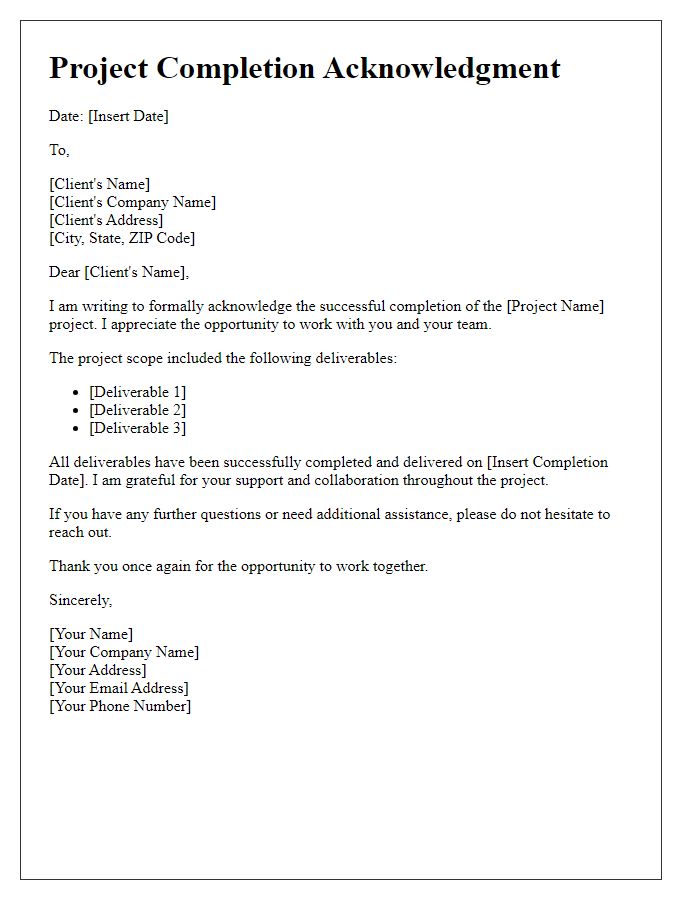 Letter template of freelance project completion acknowledgment