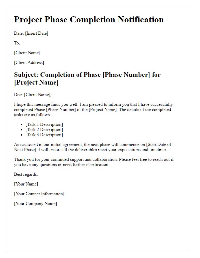 Letter template of freelance project phase completion