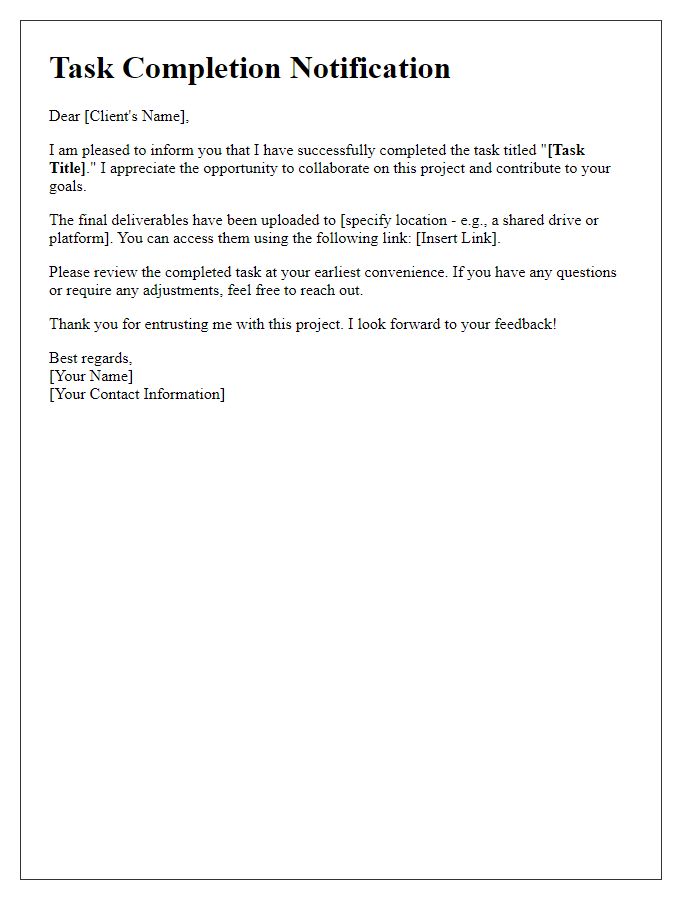 Letter template of freelance task success notification