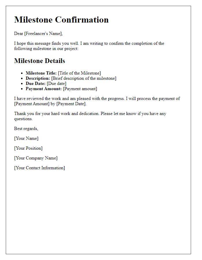 Letter template of freelance work milestone confirmation