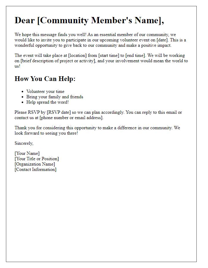 Letter template of Call to Action for Community Volunteer Participation