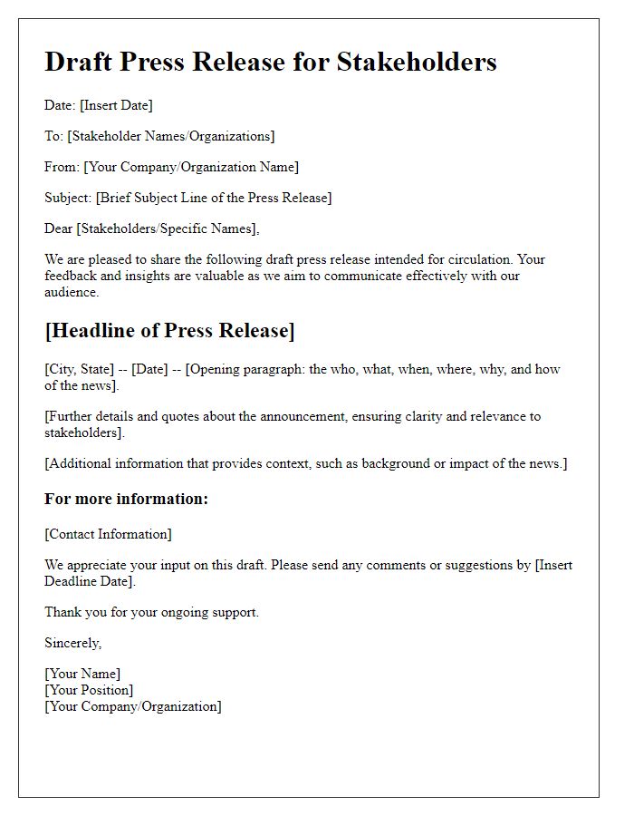 Letter template of draft press release circulation to stakeholders