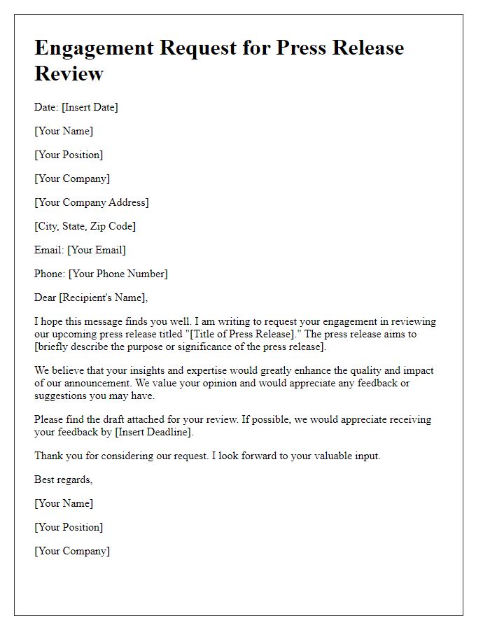 Letter template of engagement request for press release review