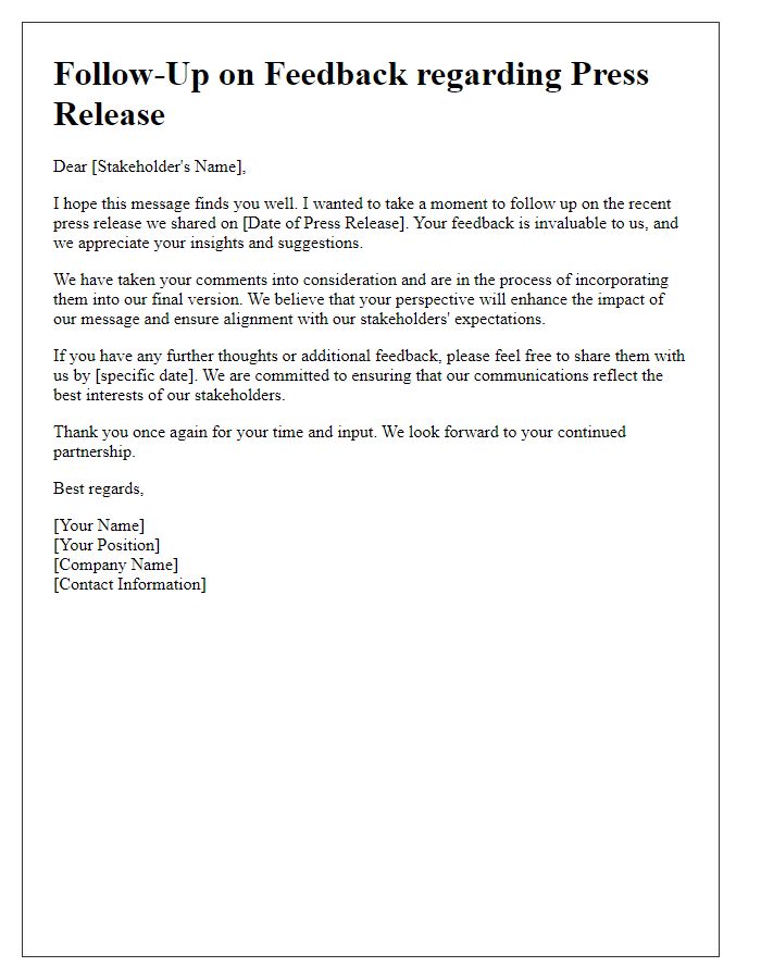 Letter template of follow-up on stakeholder feedback for press release